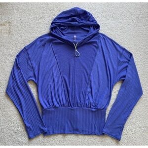 Free People Movement Ribbed Workout Hoodie Top Womens L Slouchy Blue Active Yoga